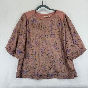 LOGO Lavish by Lori Goldstein Pink‎ Floral Eyelet Elbow Sleeve Top Blouse Large